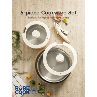 PURE COOK PURECOOK 304 Triple-Ply Stainless Steel Non-Stick 6-Piece Cookware Set Series Exterior: Off-White Ceramic Coating, Interior: 304 Stainless Steel, Detachable Handle + Silicone Glass Lid (18cm Milk Pot, 22cm Soup Pot, 26cm Frying Pan) PURE COOK PURECOOK 304 Triple-Ply Stainless Steel Non-Stick 6-Piece Cookware Set Series Exterior: Off-White Ceramic Coating, Interior: 304 Stainless Steel, Detachable Handle + Silicone Glass Lid (18cm Milk Pot, 22cm Soup Pot, 26cm Frying Pan)