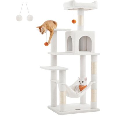 Feandrea Ochama 137.7 cm Cat Activity Centre with 4 Scratching Posts, 2 Platforms, 1 Cat Cave, 1 Hammock and 2 Pompoms, Plush Covering, Multi-Level Design, Cream White, 55x45x137.7cm Feandrea Ochama 137.7 cm Cat Activity Centre with 4 Scratching Posts, 2 Platforms, 1 Cat Cave, 1 Hammock and 2 Pompoms, Plush Covering, Multi-Level Design, Cream White, 55x45x137.7cm