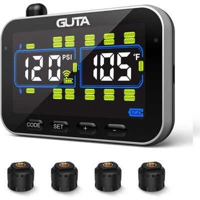GUTA RV/Trailer Tire Pressure Monitoring System with 4 Sensors, 0-188PSI Real-Time Monitoring, 6 Alarms, LCD Color Screen, Long-Distance Communication, Supports Up to 24 Tires, GT20C+4GS02 GUTA RV/Trailer Tire Pressure Monitoring System with 4 Sensors, 0-188PSI Real-Time Monitoring, 6 Alarms, LCD Color Screen, Long-Distance Communication, Supports Up to 24 Tires, GT20C+4GS02