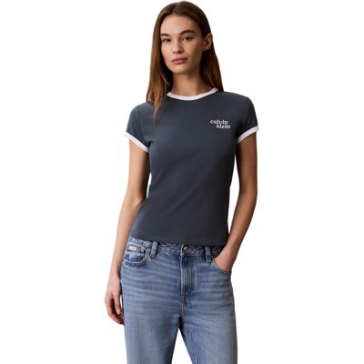 Calvin Klein Jeans Women Embroidered Logo Ringer T-shirt - Dark Slate Calvin Klein Jeans Women Embroidered Logo Ringer T-shirt - Dark Slate