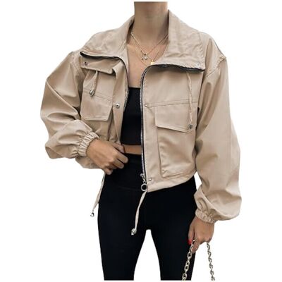 Women's Cropped Jacket Zip Up Lightweight Oversized Utility Anorak Coat with Pockets (khaki, S) Women's Cropped Jacket Zip Up Lightweight Oversized Utility Anorak Coat with Pockets (khaki, S)