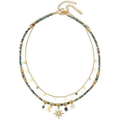 16-Inch Double Layered Necklace, Natural Gemstones and Stainless Steel Gold Plated Charms 16-Inch Double Layered Necklace, Natural Gemstones and Stainless Steel Gold Plated Charms