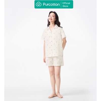 Purcotton Women's Double-Layer Gauze Loungewear Set - Off-white base with purple bow print - Comfortable Skin-Friendly Restful Lazy Style - Top: 165/88A; Bottom: 165/72A Purcotton Women's Double-Layer Gauze Loungewear Set - Off-white base with purple bow print - Comfortable Skin-Friendly Restful Lazy Style - Top: 165/88A; Bottom: 165/72A