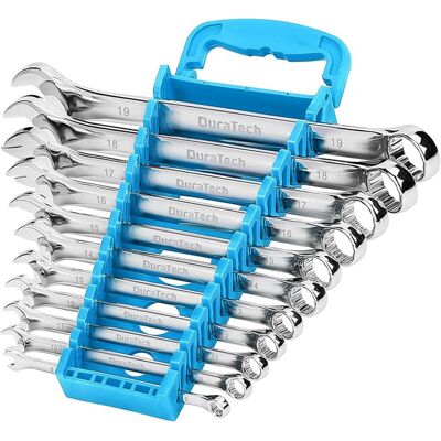 DURATECH 12-Piece 6-22 mm Combination Spanner Set, Metric Open End Wrench Set, Offset Ring End, Chrome Vanadium Steel, DIN 3113, 12-Point, with Storage Pouch DURATECH 12-Piece 6-22 mm Combination Spanner Set, Metric Open End Wrench Set, Offset Ring End, Chrome Vanadium Steel, DIN 3113, 12-Point, with Storage Pouch