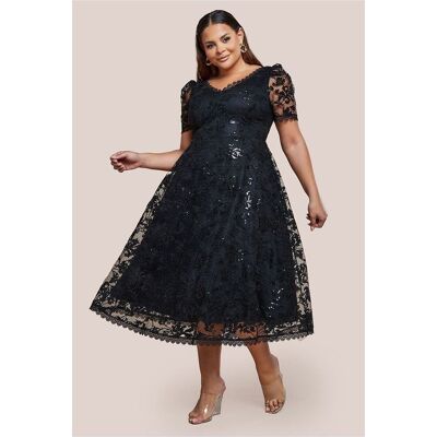 Goddiva Plus Sequin Lace Short Sleeve A-Line Midi Dress - Black 20 female Goddiva Plus Sequin Lace Short Sleeve A-Line Midi Dress - Black 20 female