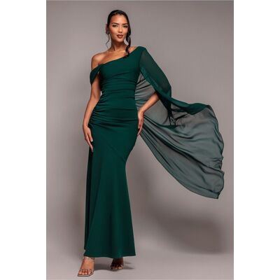 Goddiva One Shoulder Cape Scuba & Chiffon Maxi Dress - Emerald Green 10 female Goddiva One Shoulder Cape Scuba & Chiffon Maxi Dress - Emerald Green 10 female