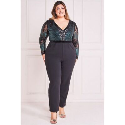Goddiva Plus Sequin & Mesh Jumpsuit - Emerald Green 26 female Goddiva Plus Sequin & Mesh Jumpsuit - Emerald Green 26 female