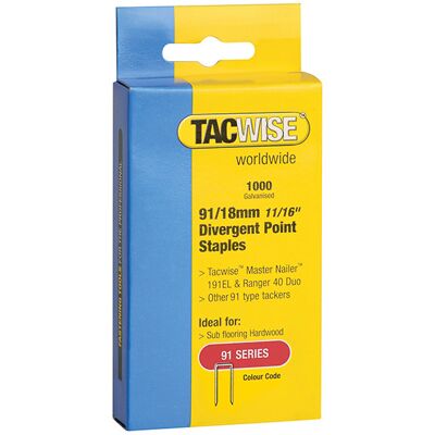 Tacwise TAC0287 91 Narrow Crown Divergent Point Staples - 18mm - Pack 1000 Tacwise TAC0287 91 Narrow Crown Divergent Point Staples - 18mm - Pack 1000