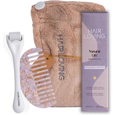 Hair Loving Menopause Hair Care Kit Natural Support For Hair Thinning & Scalp Health 50ml Natural Life Hair Oil, Luxurious Hair Towel Wrap, Derma Roller & De-tangling Comb Hair Loving Menopause Hair Care Kit Natural Support For Hair Thinning & Scalp Health 50ml Natural Life Hair Oil, Luxurious Hair Towel Wrap, Derma Roller & De-tangling Comb