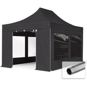 Toolport 3x4.5 m PVC 800 Pop Up Gazebo PREMIUM Steel 40 mm, incl. Sidewalls with Panorama Windows, fire resistant, black - (600114)