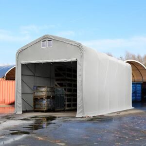Toolport 5x10m 4m Sides Commercial Storage Shelter, 4.1x3.5m Drive Through, PRIMEtex 2300 fire resistant, grey with statics package (concrete anchors) - (49408)