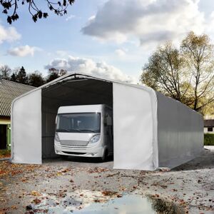 Toolport 8x24m 3m Sides Carport Tent / Portable Garage, 4x3.6m Drive Through, PVC 850, grey with statics package (soft ground anchors) - (99473)