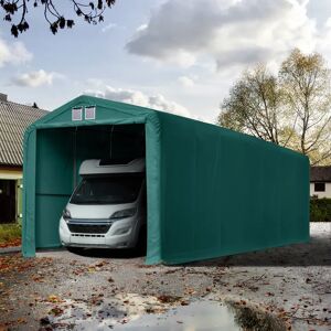 Toolport 4x16m 3.35m Sides Carport Tent / Portable Garage, 3.5x3.5m Drive Through, PVC 850, dark green with statics package (soft ground anchors) - (99523)