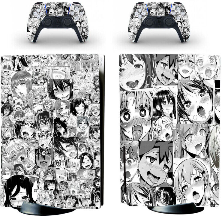 NEWJASS PS5 Standard Disc Console Skin Sticker Decal Anime Ahegao Sexy Anime Girls Gray