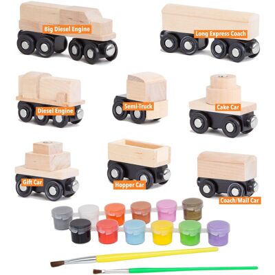 Orbrium 8 Unpainted Wooden Train Cars with 12-Color Paint/Brush Set-Compatible with Thom Orbrium 8 Unpainted Wooden Train Cars with 12-Color Paint/Brush Set-Compatible with Thom