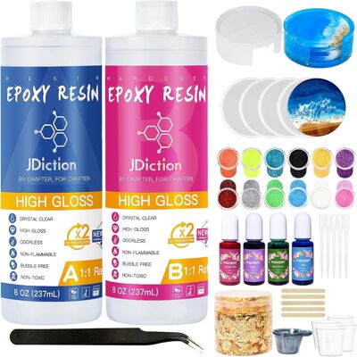 JDiction Epoxy Resin Coaster Kit - 16oz/ 474ml Crystal Clear Epoxy Resin Kit wit JDiction Epoxy Resin Coaster Kit - 16oz/ 474ml Crystal Clear Epoxy Resin Kit wit