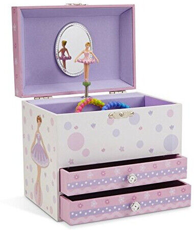 Jewelkeeper White and Purple Ballerina Musical Jewelry Box with 2 Pullout Drawer