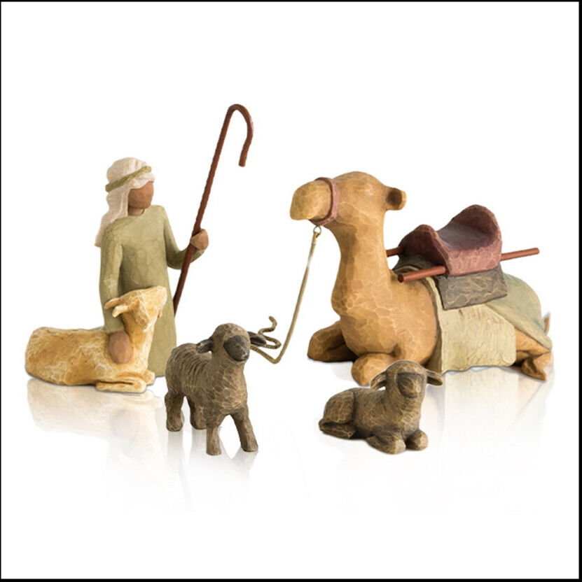 Melitt 4Pc Shepherd and Stable Animals Nativity Set Figurines Resin Sculpture for Livin