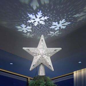 Brizled Silver Christmas Tree Topper Lighted with White Snowflake Projector, 3D Glitter Brizled Silver Christmas Tree Topper Lighted with White Snowflake Projector, 3D Glitter