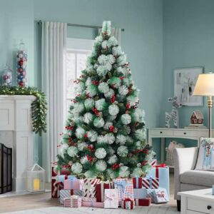 Living And Home Artificial Green Flocked Full Christmas Tree with Stand 1.8m Living And Home Artificial Green Flocked Full Christmas Tree with Stand 1.8m