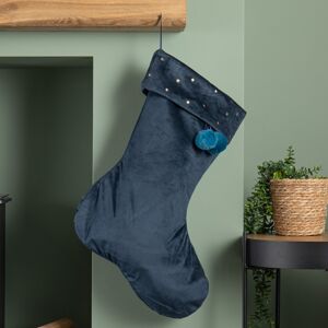 Premier 70cm Hanging Dark Blue Velour Star Print Christmas Stocking with Pom Poms Premier 70cm Hanging Dark Blue Velour Star Print Christmas Stocking with Pom Poms