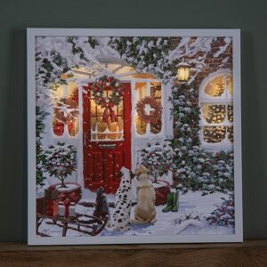 Snow Time 40 x 40cm Battery Operated Light up Framed Christmas Canvas with Red Door & Warm Snow Time 40 x 40cm Battery Operated Light up Framed Christmas Canvas with Red Door & Warm