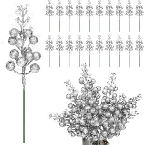 Unbranded (Silver) 20 Pack Christmas Glitter Berries Stems, 7.8inch Artificial Red Berry S Unbranded (Silver) 20 Pack Christmas Glitter Berries Stems, 7.8inch Artificial Red Berry S