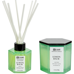 Beliani Set of Scented Candle and Fragrance Stick Diffuser - Candle & Diffuser Set - Fresh Lemon Balm Beliani Set of Scented Candle and Fragrance Stick Diffuser - Candle & Diffuser Set - Fresh Lemon Balm