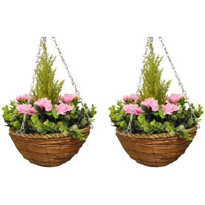 Selections Set of 2 x Artificial Azalea Topiary Hanging Baskets (25cm) Selections Set of 2 x Artificial Azalea Topiary Hanging Baskets (25cm)