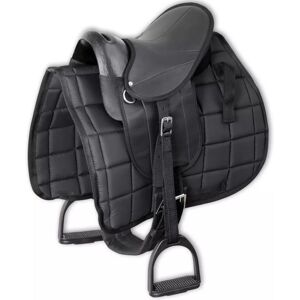 vidaXL Pony Saddle Set 10" Black Horse Pad Covering with Stirrup Belt Girth vidaXL Pony Saddle Set 10" Black Horse Pad Covering with Stirrup Belt Girth