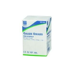 Premier Cotton Gauze Swabs, Non-Sterile, 8 ply, 7.5cm x 7.5cm, Pack of 100 (1655 Premier Cotton Gauze Swabs, Non-Sterile, 8 ply, 7.5cm x 7.5cm, Pack of 100 (1655