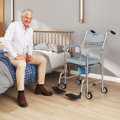 HOMCOM 4 in 1 Shower Chair with Wheels, Bedside Commode Wheelchair, Grey HOMCOM 4 in 1 Shower Chair with Wheels, Bedside Commode Wheelchair, Grey