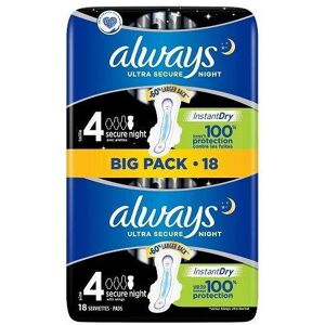 Always Ultra Secure Night Sanitary Towels Wings 18 Pads, Super Absorbent, Thin, Always Ultra Secure Night Sanitary Towels Wings 18 Pads, Super Absorbent, Thin,