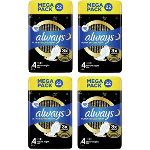 Always Ultra Secure Night Sanitary Towels Wings, Size 4, Mega Pack 4x(22 Pack) 8 Always Ultra Secure Night Sanitary Towels Wings, Size 4, Mega Pack 4x(22 Pack) 8