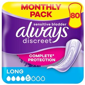 Always Discreet Incontinence Pads Long, 80 Pads (4 x 20 Pieces) Monthly Pack, Di Always Discreet Incontinence Pads Long, 80 Pads (4 x 20 Pieces) Monthly Pack, Di