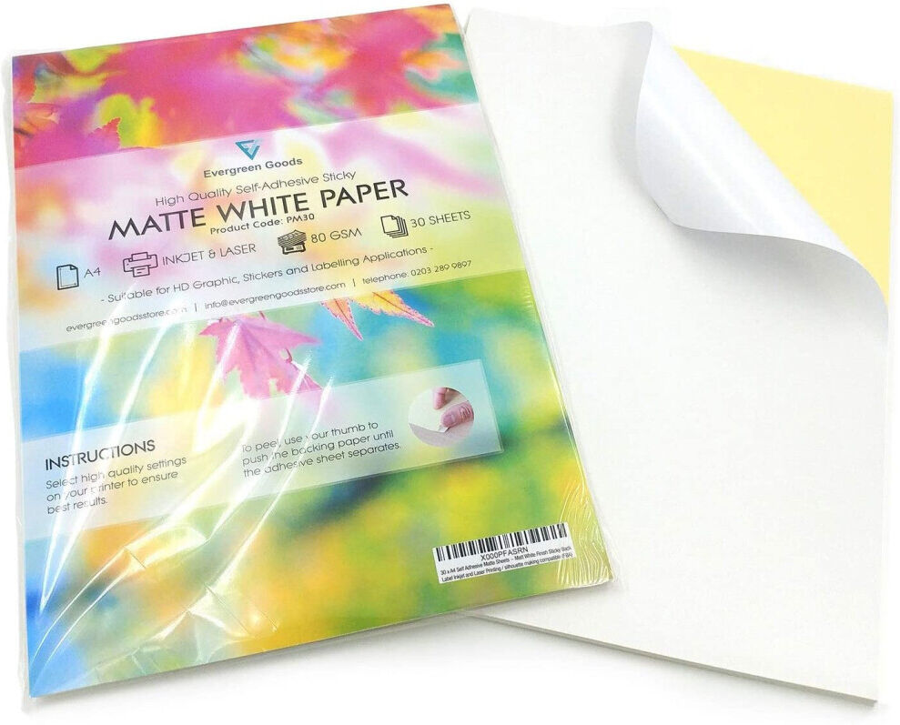 EVG Home & Office Supplies 50 Sheets of Quality A4 White MATTE Self Adhesive/Sticky Back Label Printing Pap