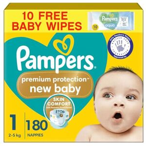 Pampers Premium Protection New Baby Size 1, 180 Nappies, 2kg-5kg, Monthly Pack + Pampers Premium Protection New Baby Size 1, 180 Nappies, 2kg-5kg, Monthly Pack +