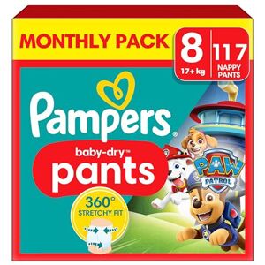Pampers Baby-Dry Nappy Pants Paw Patrol Edition Size 8, 117 Nappies, 17kg+, Mont Pampers Baby-Dry Nappy Pants Paw Patrol Edition Size 8, 117 Nappies, 17kg+, Mont