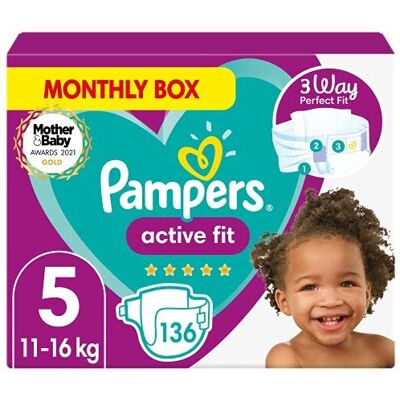 Pampers Baby Nappies Size 5 (11-16 kg/24-35 Lb), Active Fit, 136 Nappies, MONTHL Pampers Baby Nappies Size 5 (11-16 kg/24-35 Lb), Active Fit, 136 Nappies, MONTHL