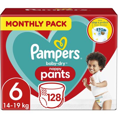 Pampers Baby Nappy Pants Size 6 (15+ kg/33 Lb), Baby-Dry, 128 Nappies, MONTHLY S Pampers Baby Nappy Pants Size 6 (15+ kg/33 Lb), Baby-Dry, 128 Nappies, MONTHLY S