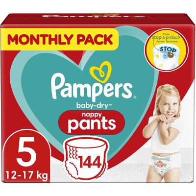 Pampers Baby Nappy Pants Size 5 (12-17 kg/26-38 Lb), Baby-Dry, 144 Nappies, MONT Pampers Baby Nappy Pants Size 5 (12-17 kg/26-38 Lb), Baby-Dry, 144 Nappies, MONT