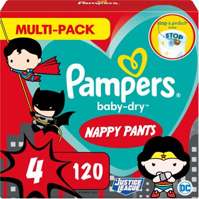 Pampers Baby Nappy Pants Size 4 (9-15 kg/20-33 Lb), Baby-Dry Superhero, 120 Napp Pampers Baby Nappy Pants Size 4 (9-15 kg/20-33 Lb), Baby-Dry Superhero, 120 Napp