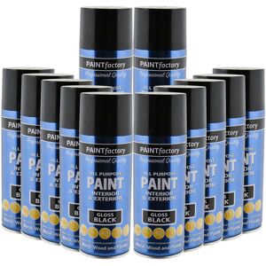 Paint Factory (12 Pack) All Purpose Black Gloss Spray Paint 400ml Aerosol Dry Metal Interior E Paint Factory (12 Pack) All Purpose Black Gloss Spray Paint 400ml Aerosol Dry Metal Interior E