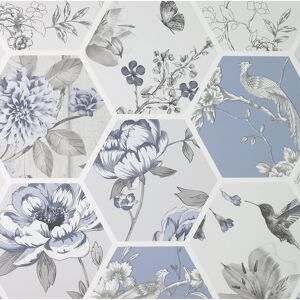 (908903 Blue) Arthouse Chinoise Decoupage Wallpaper Birds Floral Geometric Patch (908903 Blue) Arthouse Chinoise Decoupage Wallpaper Birds Floral Geometric Patch