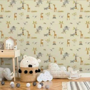 DEBONA Kids Wallpaper Beige Background with Animals Safari Themed DEBONA Kids Wallpaper Beige Background with Animals Safari Themed