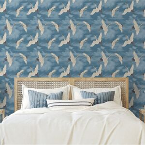 Muriva Oriental Japanese Birds Cranes Sky Blue White Metallic Silver Wallpaper Muriva Oriental Japanese Birds Cranes Sky Blue White Metallic Silver Wallpaper