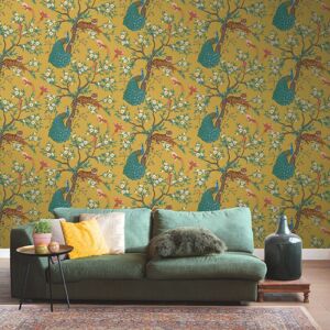 Mustard Tropical Wallpaper Tiger Birds Peacock Trees Floral Exotic Jungle Rasch Mustard Tropical Wallpaper Tiger Birds Peacock Trees Floral Exotic Jungle Rasch