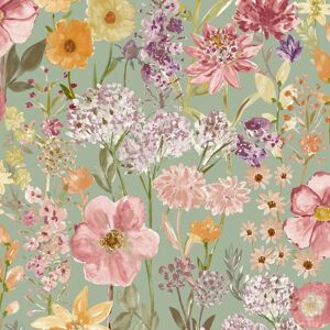 Grandeco Wildflowers Sage Wallpaper Pink Floral Hand Painted Effect Smooth Matte Finish Grandeco Wildflowers Sage Wallpaper Pink Floral Hand Painted Effect Smooth Matte Finish