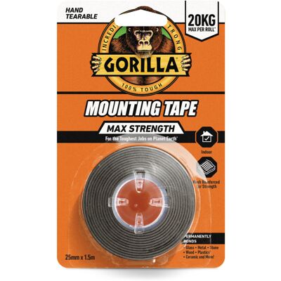 Gorilla Max Strength Indoor Mounting Tape, 25mm x 1.5m – Heavy-Duty Double-Sided Gorilla Max Strength Indoor Mounting Tape, 25mm x 1.5m – Heavy-Duty Double-Sided