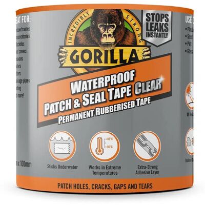 Gorilla Waterproof Patch & Seal Tape (100mm x 2.4m) Clear - 6 Pack - Instant Lea Gorilla Waterproof Patch & Seal Tape (100mm x 2.4m) Clear - 6 Pack - Instant Lea